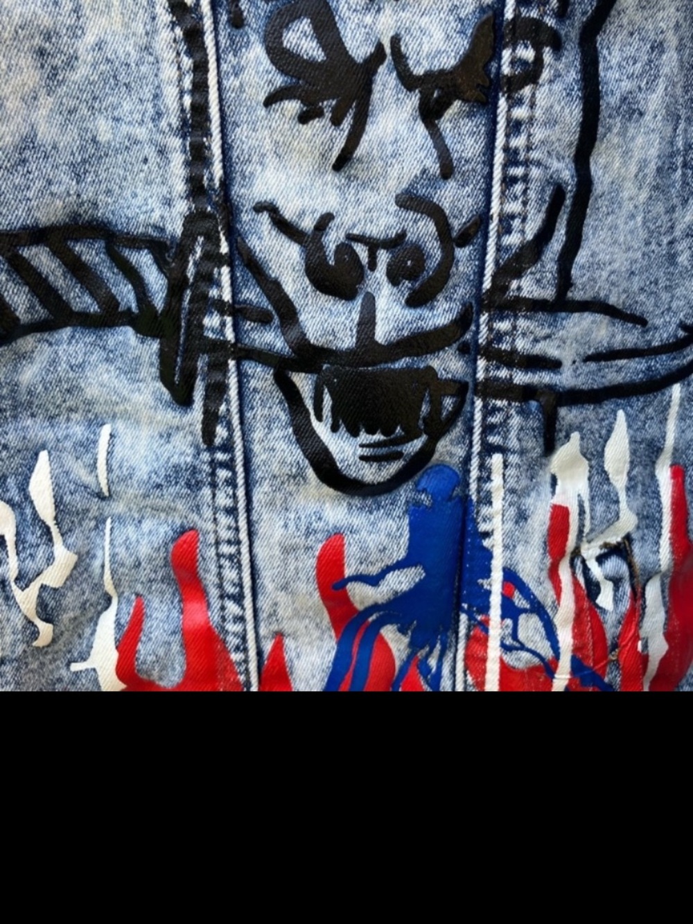 Men's Blue Graphic Denim Jacket with Red Flame Accents - Picture 5 of 10